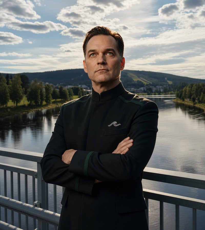 Clinton Condé, partiledare för Vågen, står med armarna i kors på en bro över älven
